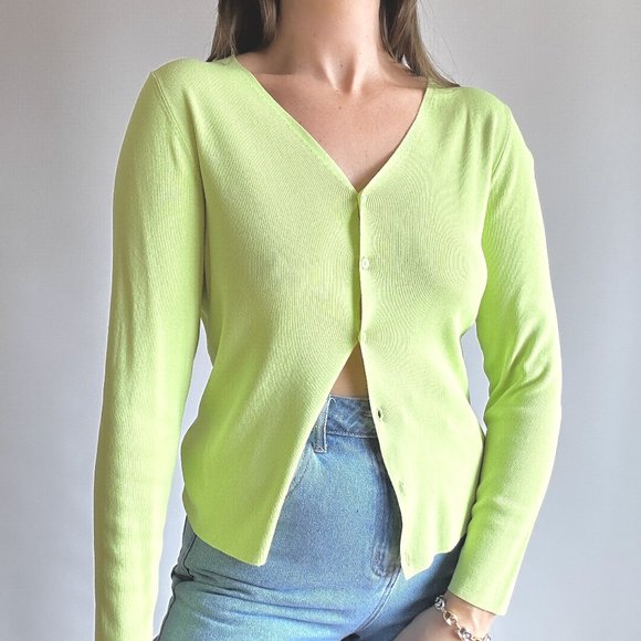 Vintage Sweaters - Y2K Lime Nylon Cardigan